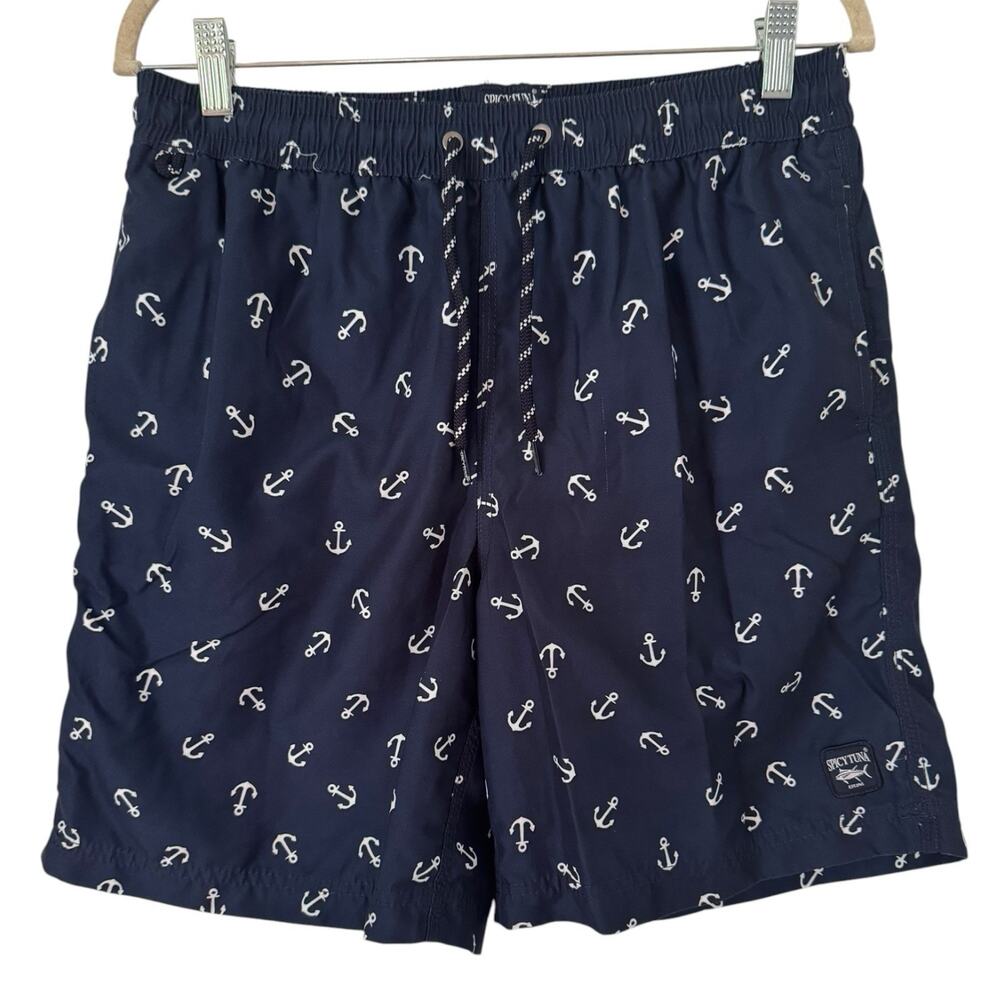 Spicy Tuna Men's Swim Trunks Blue Anchor Print Mesh Lined Size Medium